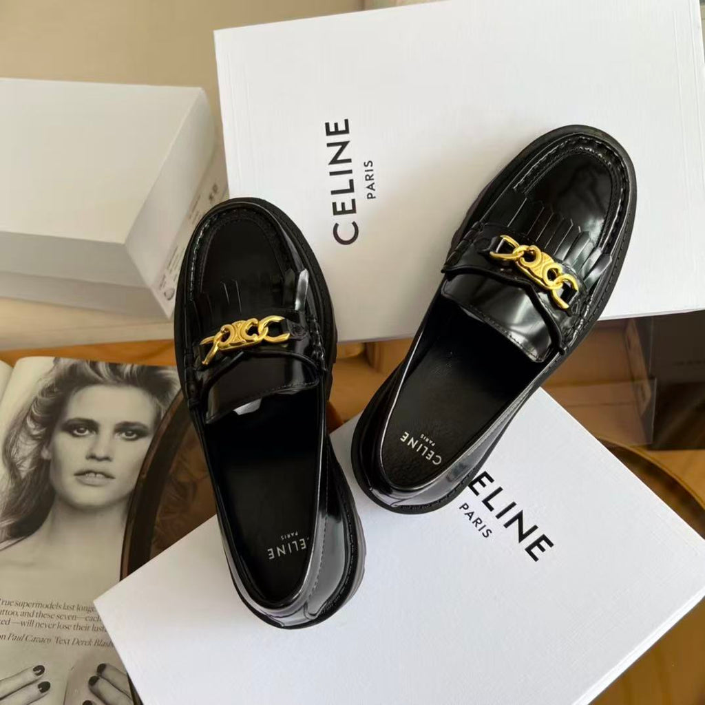 CELINE Chain Tassel Leather Loafers | 3.5cm Heel | Black & Burgundy