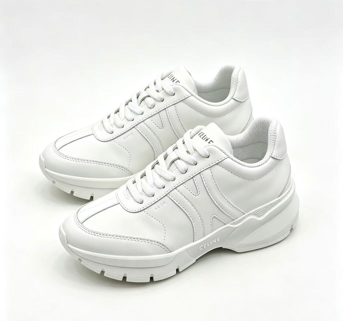 Celine CR-02 Runner Low-Top Lace-Up Sneakers in Calfskin — White with Oversized Celine Logo