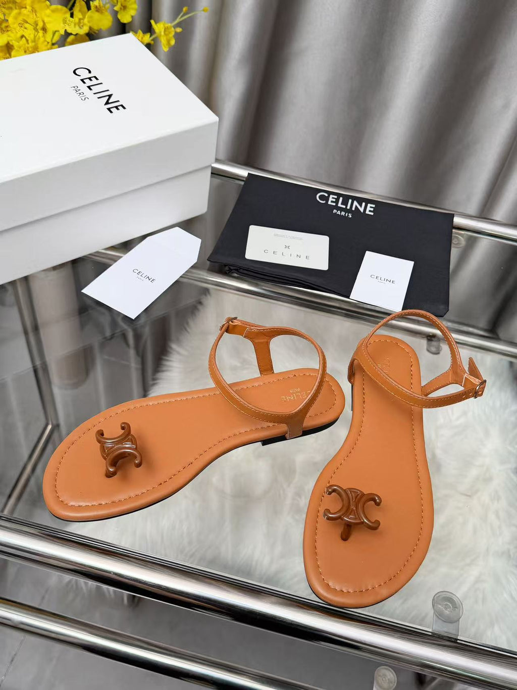 CELINE Triomphe Flat Thong Sandals — Brown