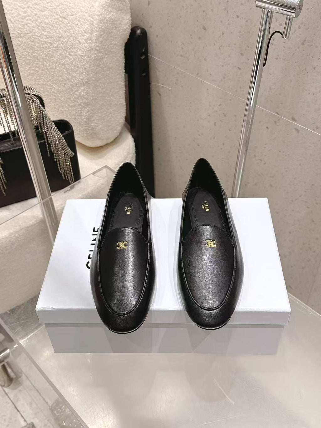 CELINE Triomphe Round-Toe Flat Loafers — Black