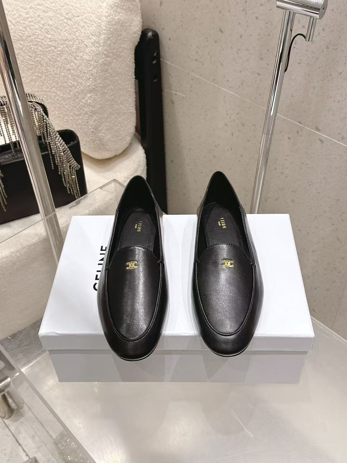 CELINE Triomphe Round-Toe Flat Loafers — Black