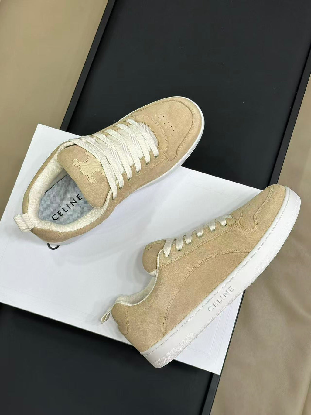 Celine Triomphe Vintage-Style Low-Top Sneakers — Light Brown