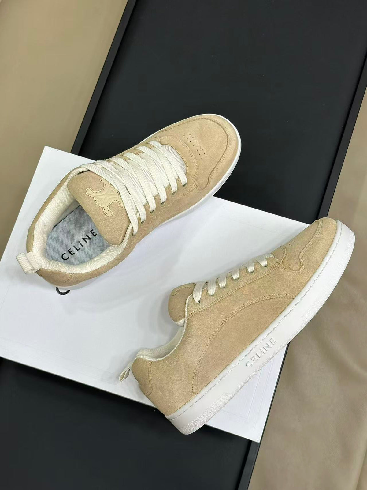 Celine Triomphe Vintage-Style Low-Top Sneakers — Light Brown