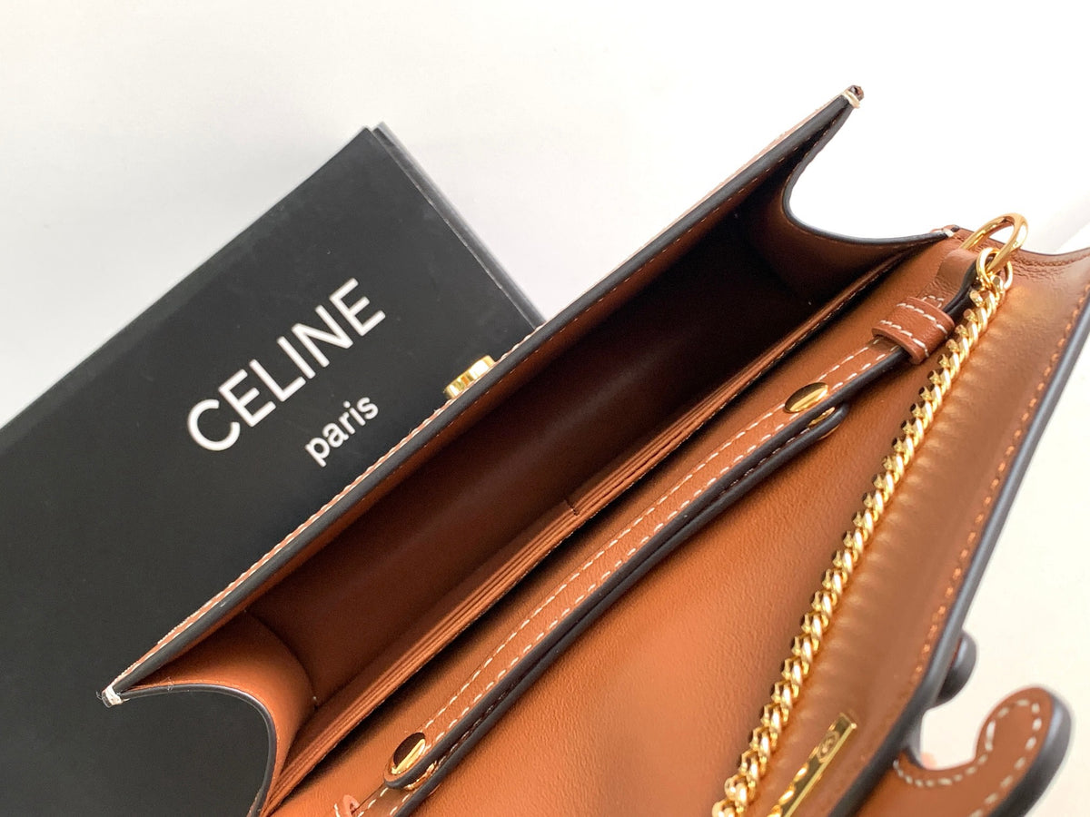 CELINE Cuir Triomphe Fabric & Cowhide Leather Wallet on Chain in Bronze