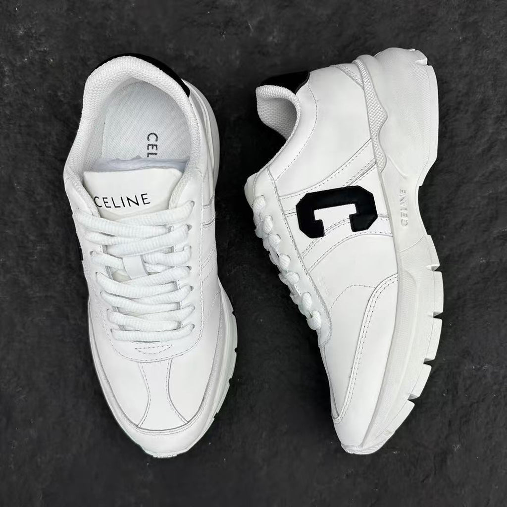 Celine CR-02 Runner Low-Top Lace-Up Sneakers in Calfskin — White with "C" Leather Detail