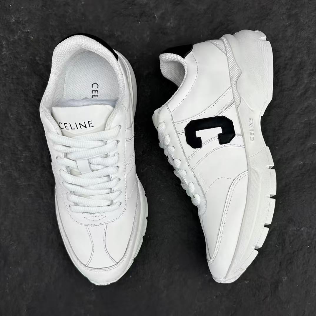 Celine CR-02 Runner Low-Top Lace-Up Sneakers in Calfskin — White with "C" Leather Detail