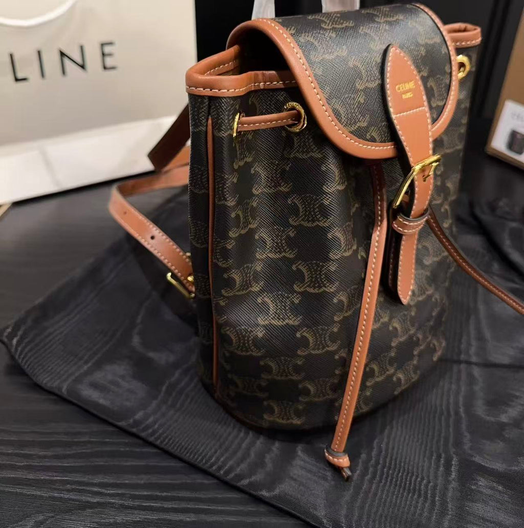 CELINE Folco Logo-Print Flap Bag in Brown
