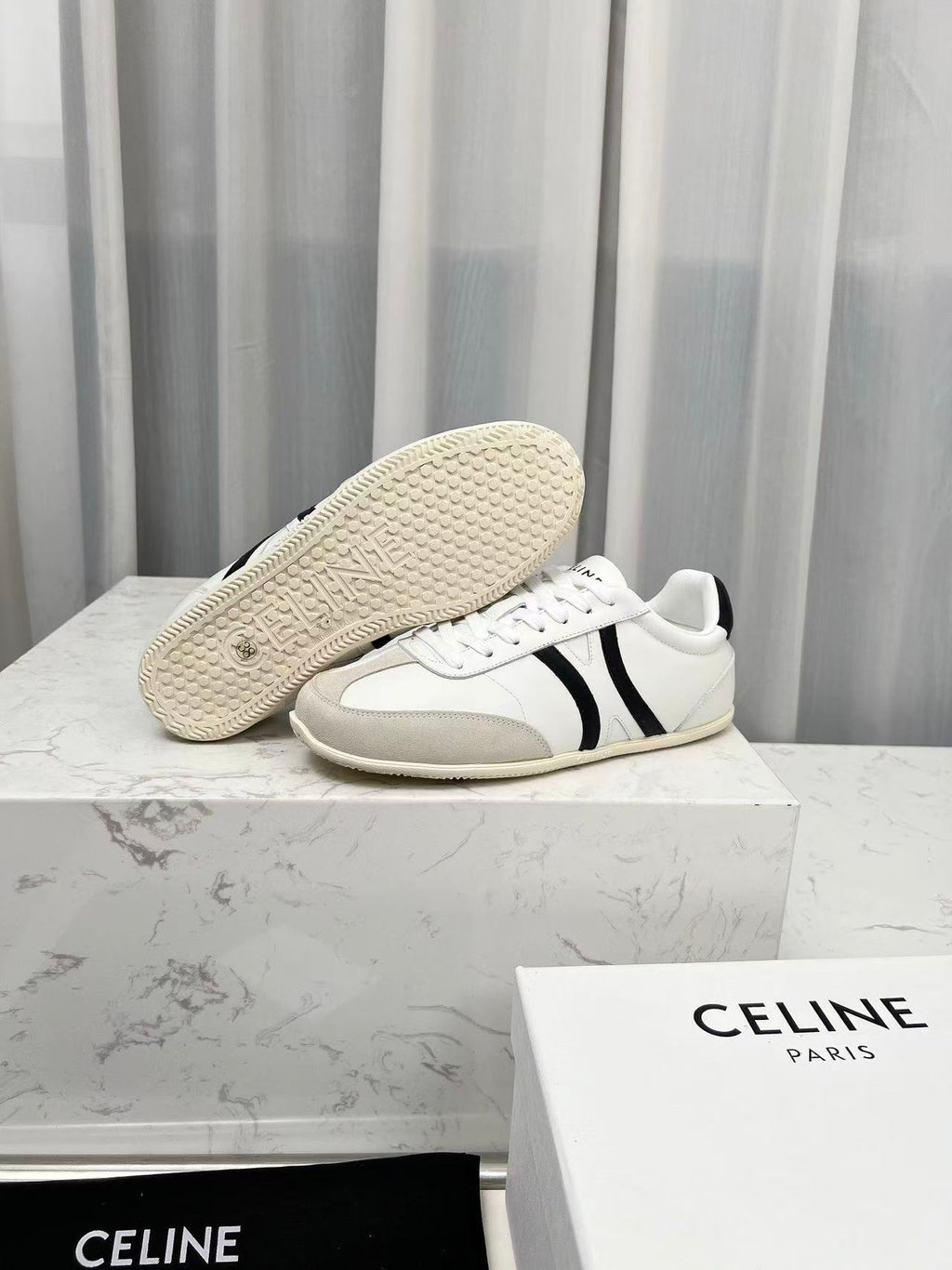 CELINE Jogger Triomphe Low-Top Sneakers in White Cowhide & Suede