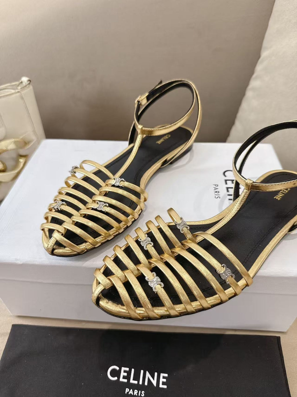 CELINE Cage Hollow Round-Toe Flat Roman Sandals | Gold | EU 36-42