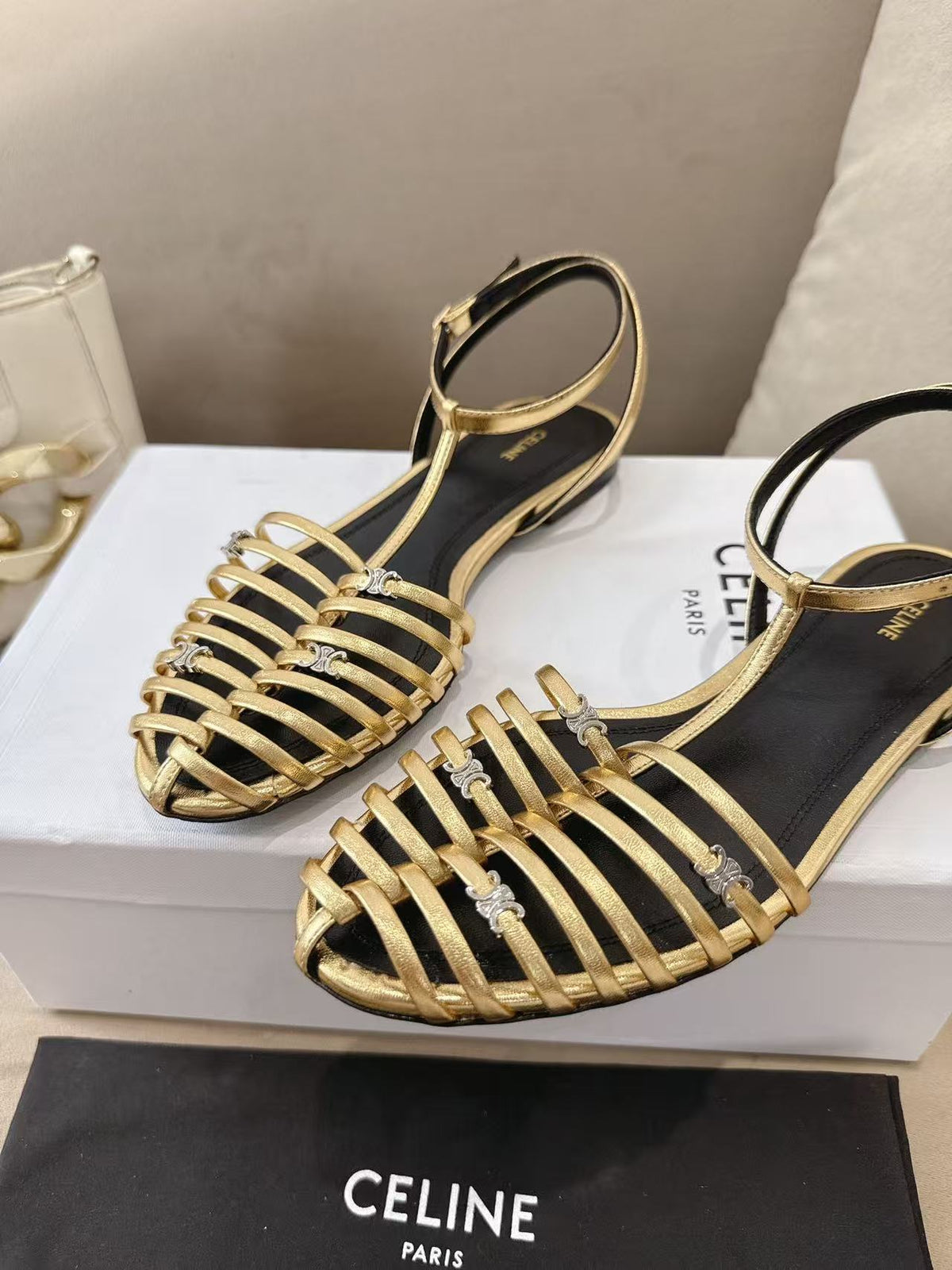 CELINE Cage Hollow Round-Toe Flat Roman Sandals | Gold | EU 36-42
