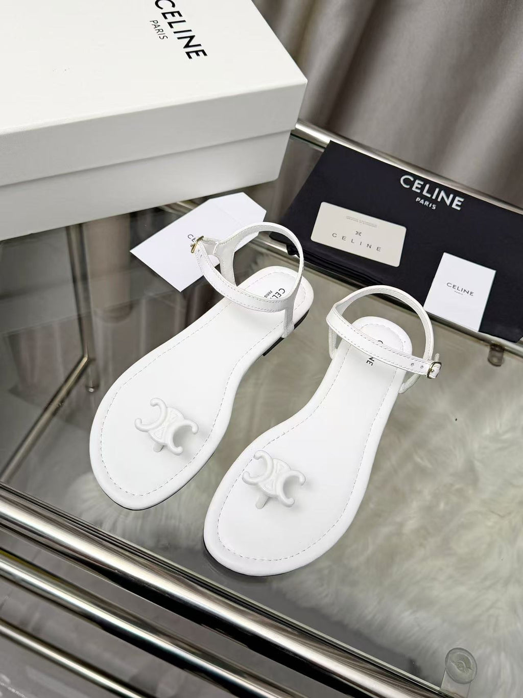 CELINE Triomphe Flat Thong Sandals — White
