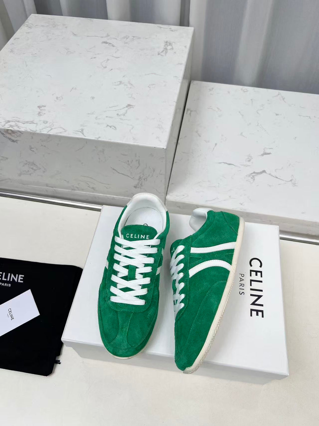 CELINE Jogger Triomphe Low-Top Sneakers in Green Cowhide & Suede