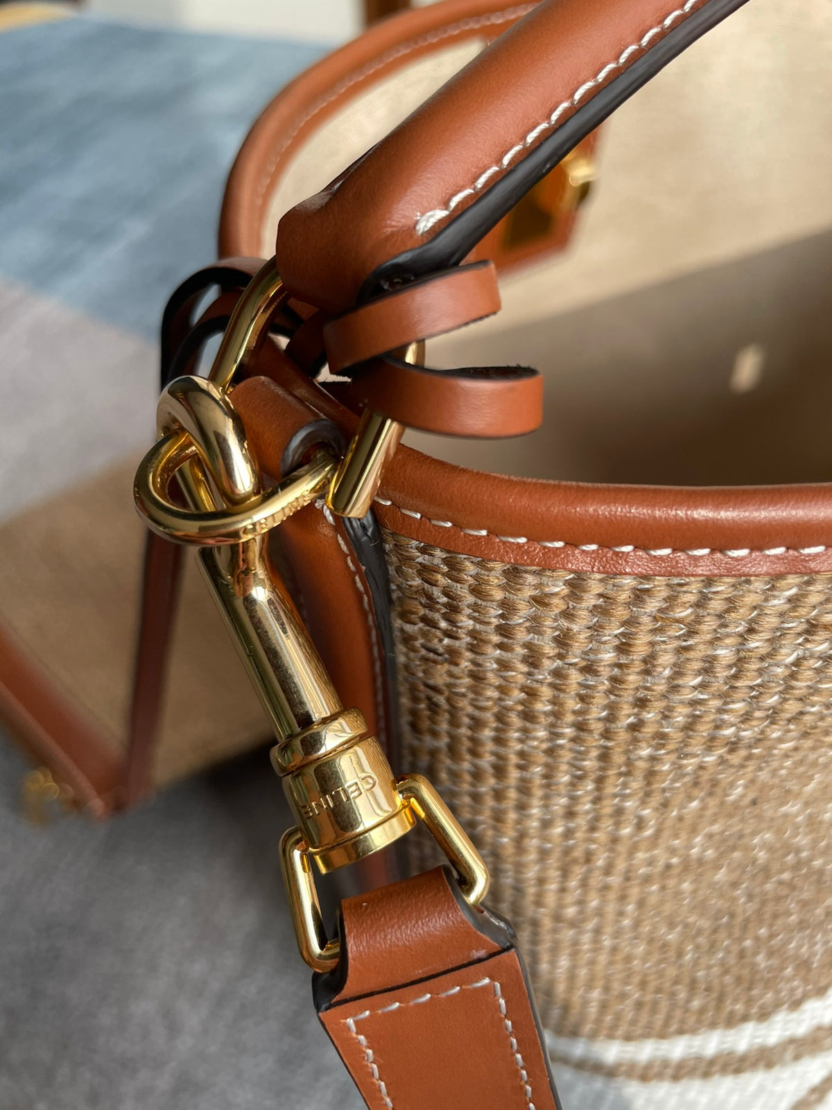 CELINE Bucket 16 Bag in Beige Textile with Smooth Calfskin Trim
