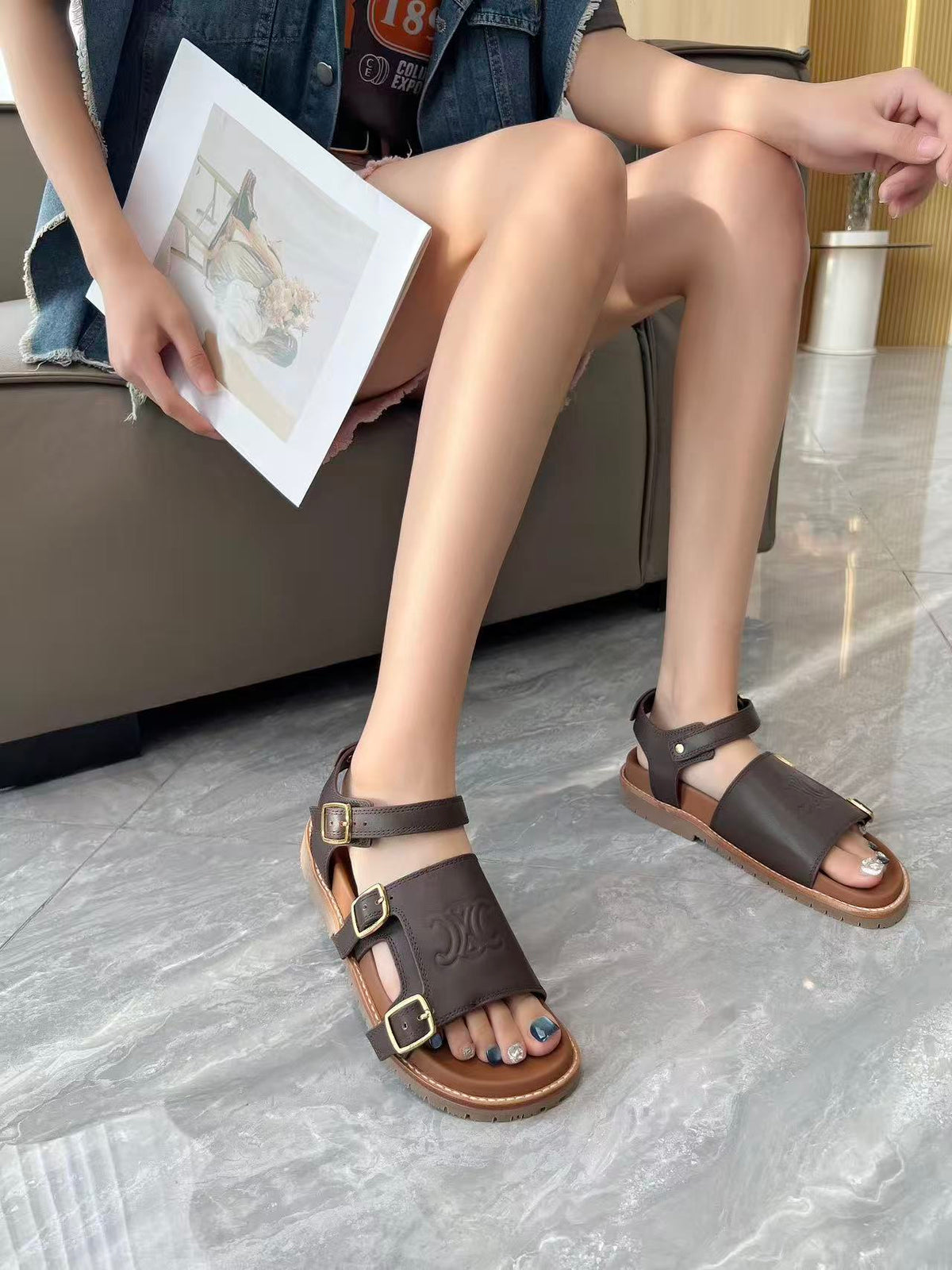 CELINE Arc de Triomphe Logo Platform Sandals — Women's Vegetable-Tanned Leather | EU 35-41