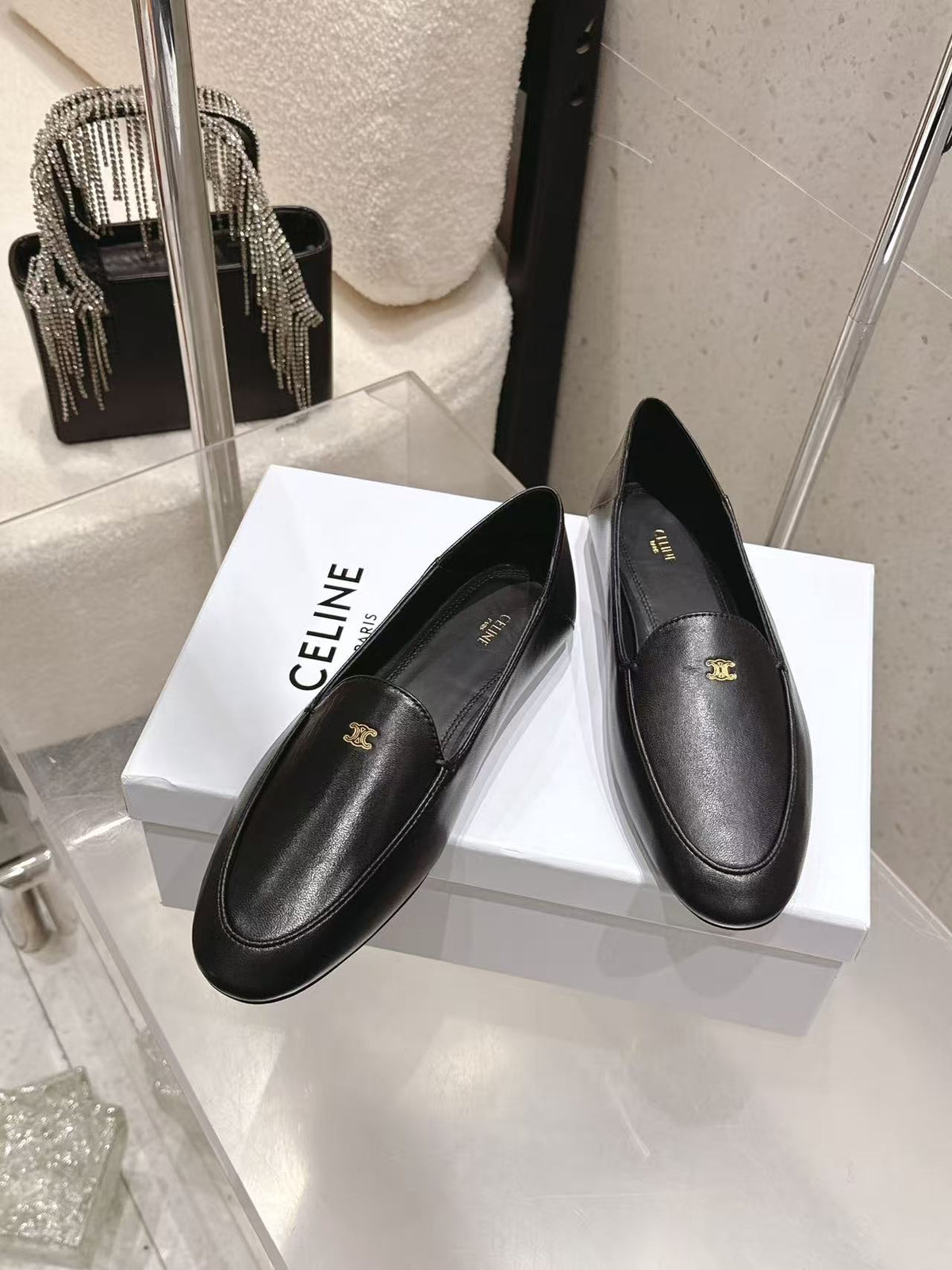 CELINE Triomphe Round-Toe Flat Loafers — Black