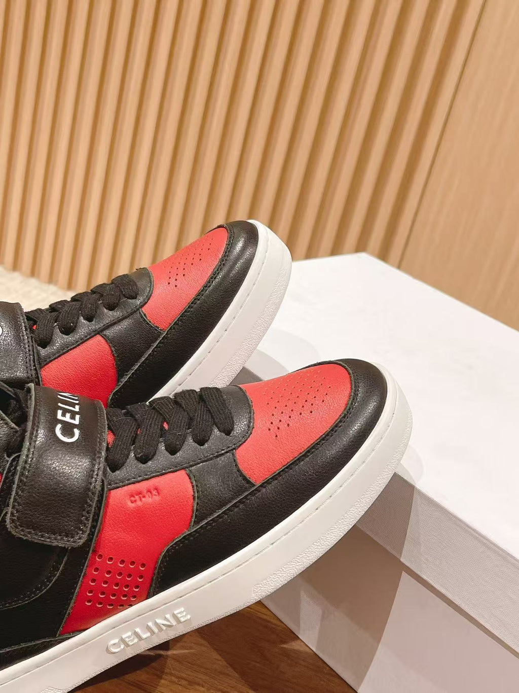 Celine Triomphe Low-Top Sneakers — Black & Red