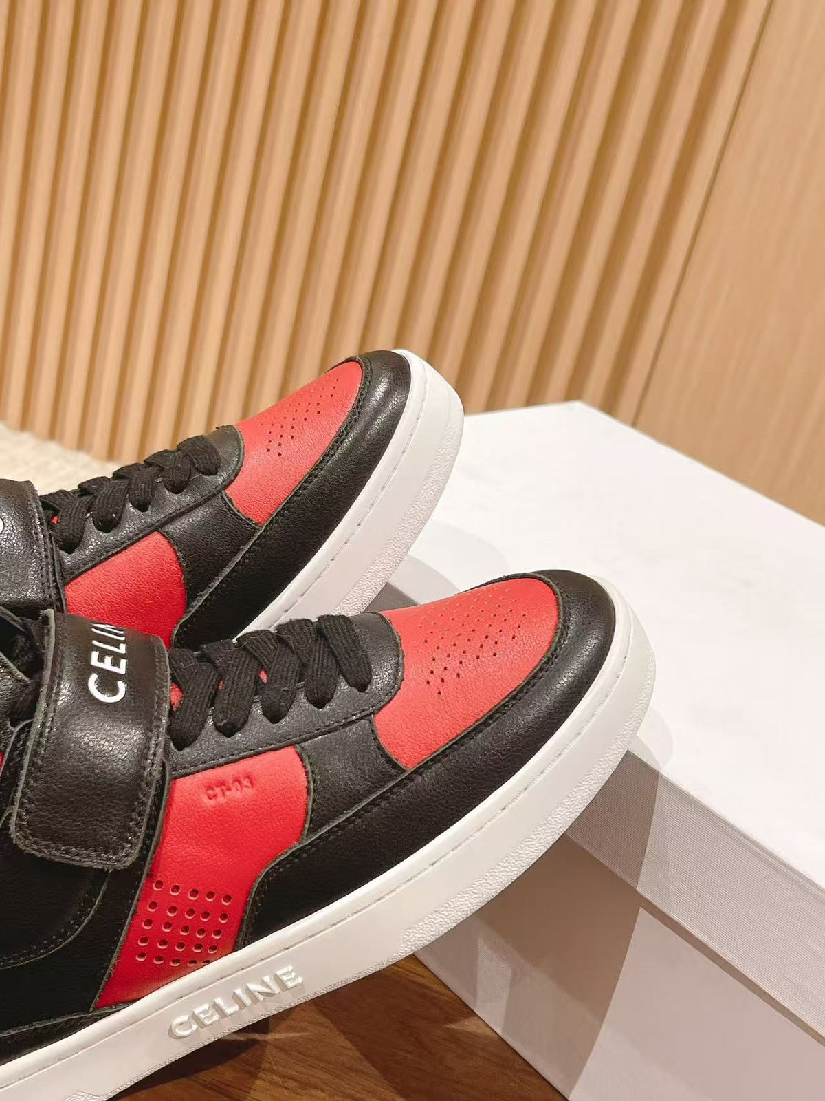Celine Triomphe Low-Top Sneakers — Black & Red