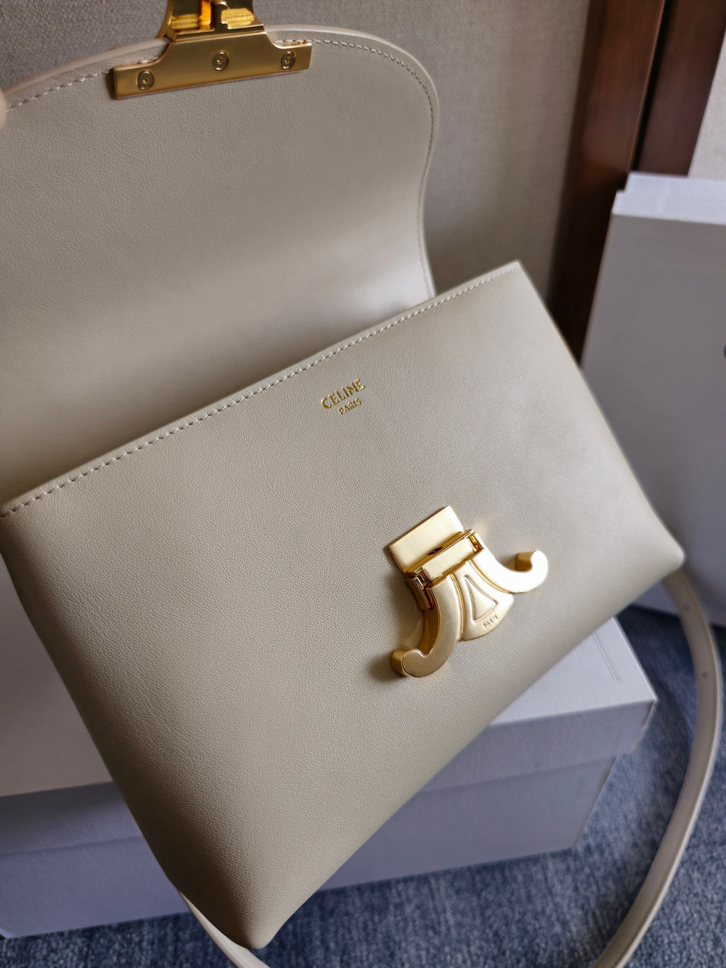 CELINE Triomphe Kelly Handbag in Light Beige