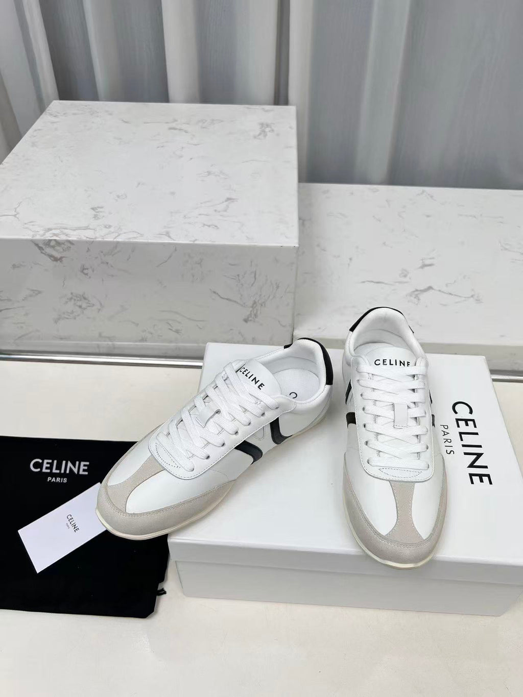 CELINE Jogger Triomphe Low-Top Sneakers in White Cowhide & Suede