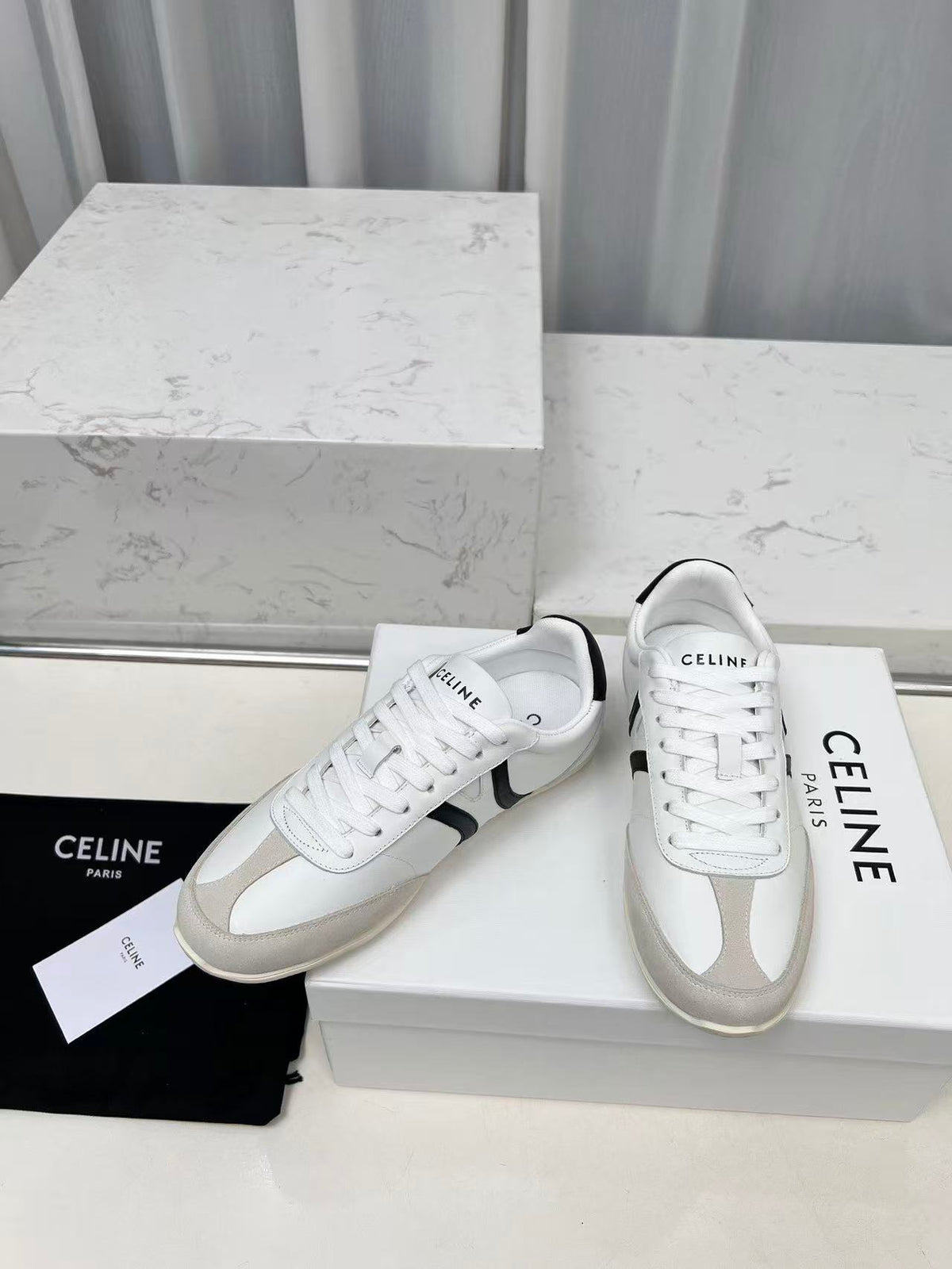 CELINE Jogger Triomphe Low-Top Sneakers in White Cowhide & Suede