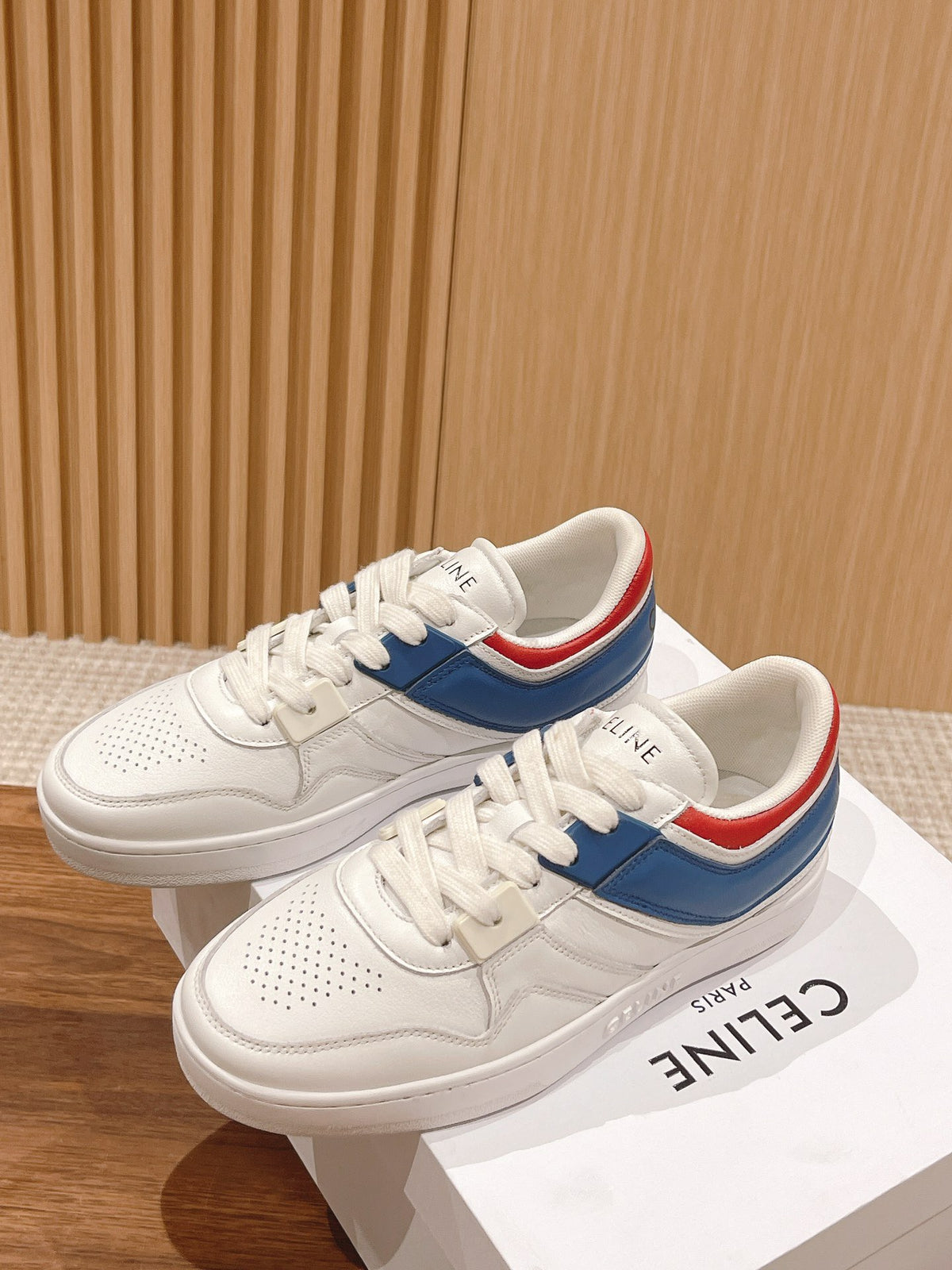 Celine Unisex Platform Sneakers with Red & Blue Heel Accents – Sizes 35–44