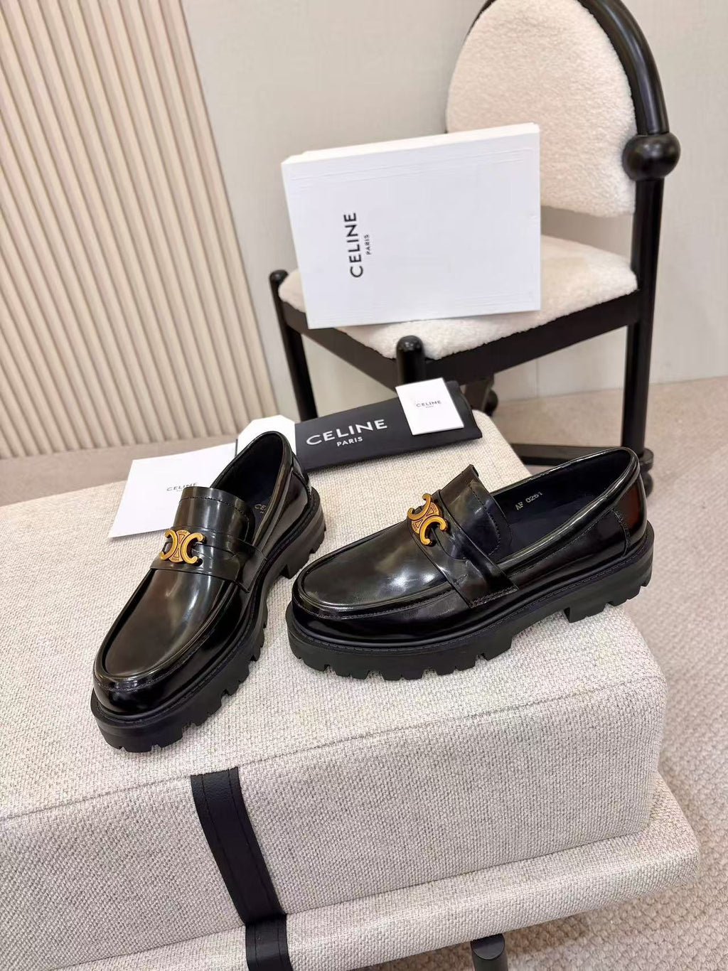 CELINE Triomphe Thick-Sole Loafers — Black