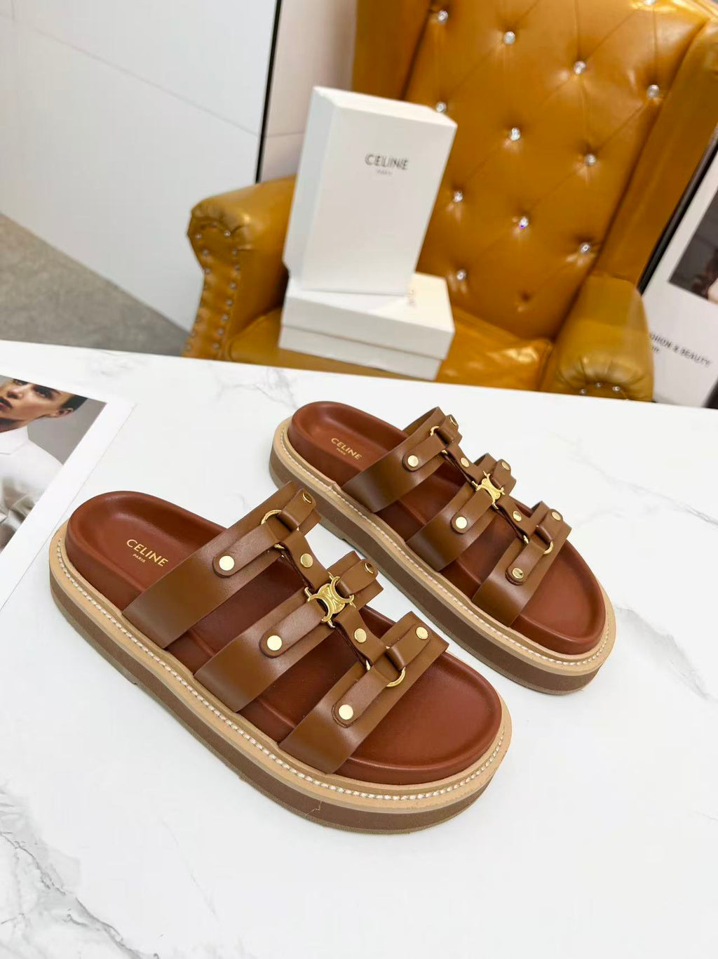 CELINE Metal Buckle Sandals — Women's Tan | EU 35-40