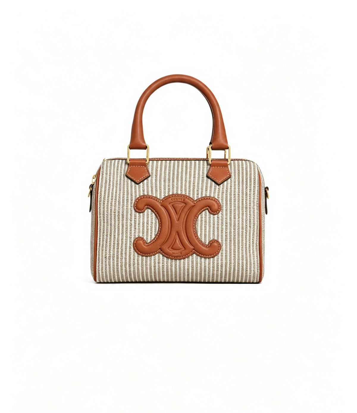 CELINE Small Triomphe Boston Bag in Brown Striped Textile