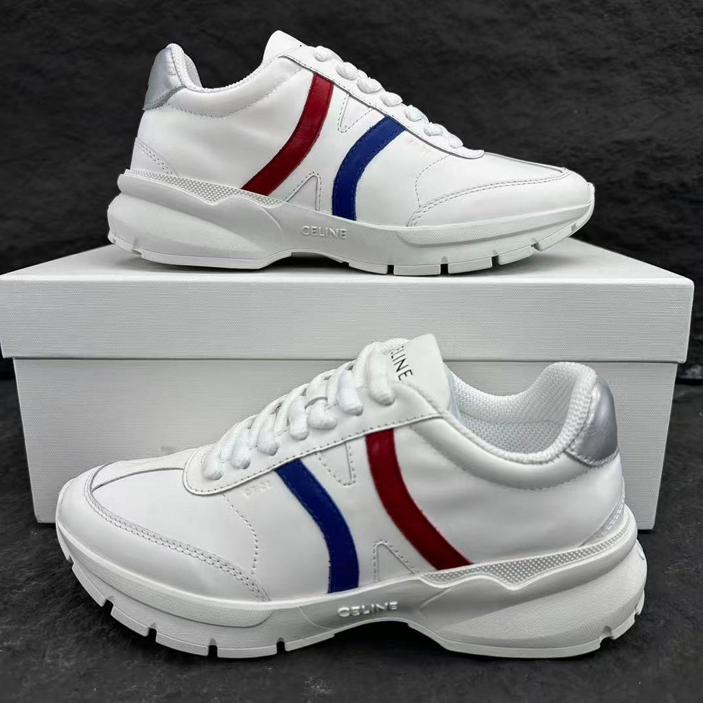 Celine CR-02 Runner Low-Top Lace-Up Sneakers in Calfskin — Red & Blue Stripe