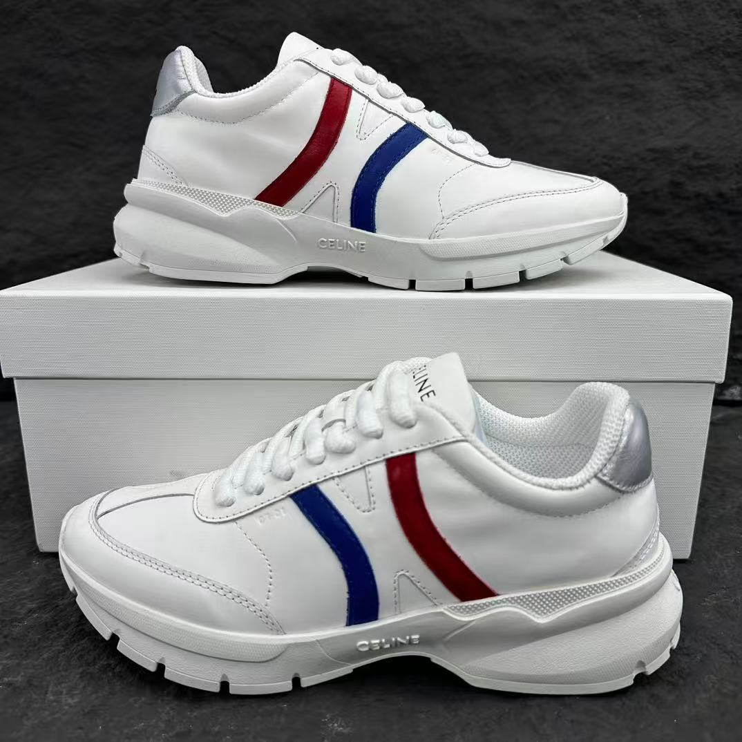 Celine CR-02 Runner Low-Top Lace-Up Sneakers in Calfskin — Red & Blue Stripe