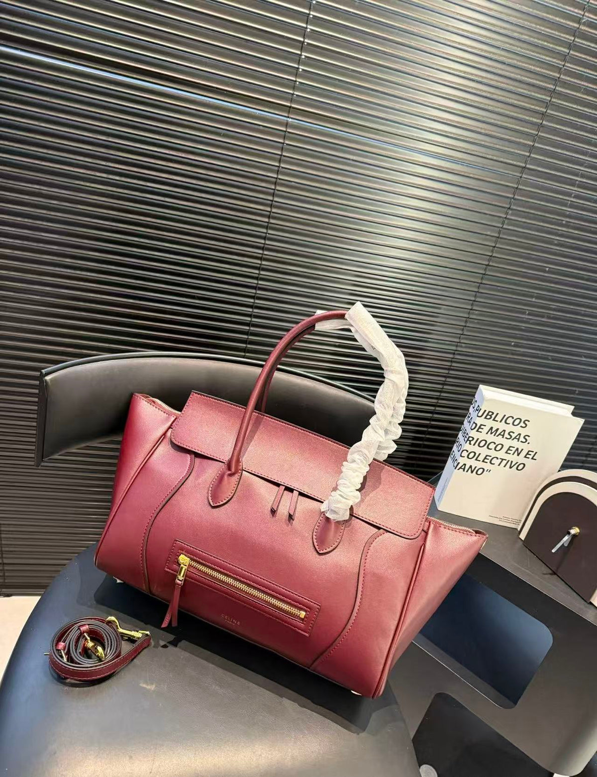CELINE Luggage Bag in Burgundy with Grained Texture