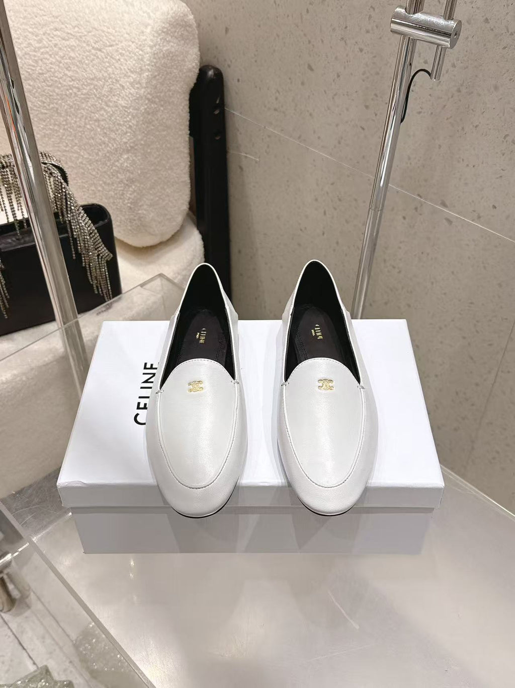CELINE Triomphe Round-Toe Flat Loafers — White