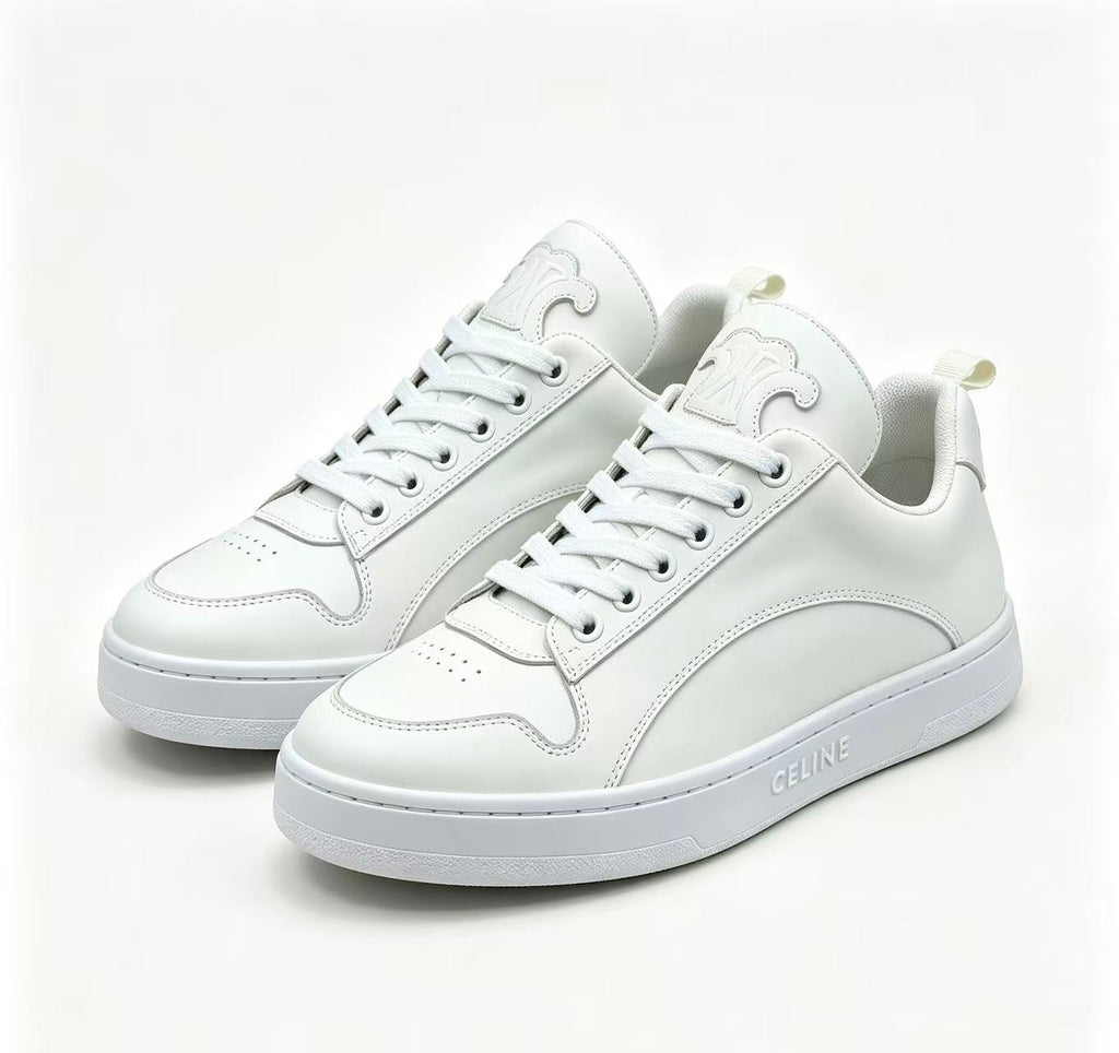 Celine HUNTINGTON Low-Top Lace-Up Sneakers in White Calfskin Suede & Mesh