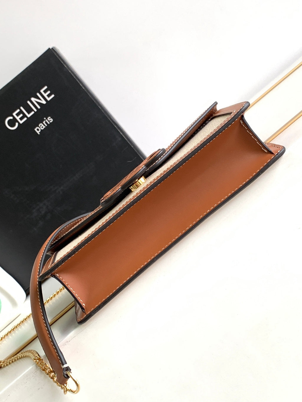 CELINE Cuir Triomphe Fabric & Cowhide Leather Wallet on Chain in Bronze