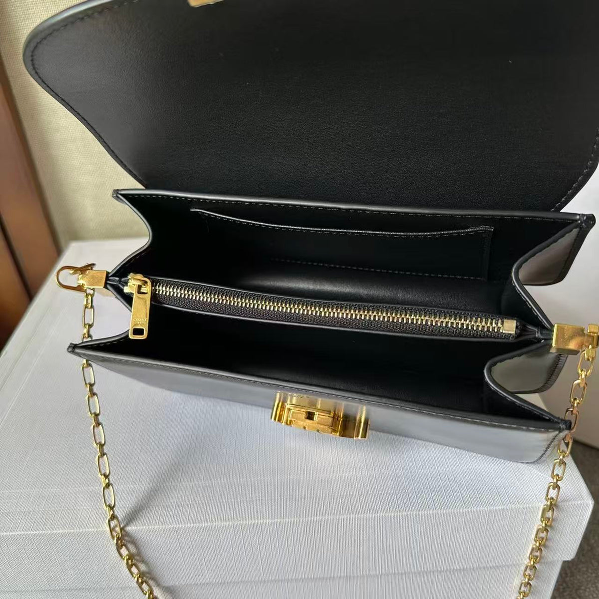Celine Triomphe Chain Bag in Shiny Calfskin — Black