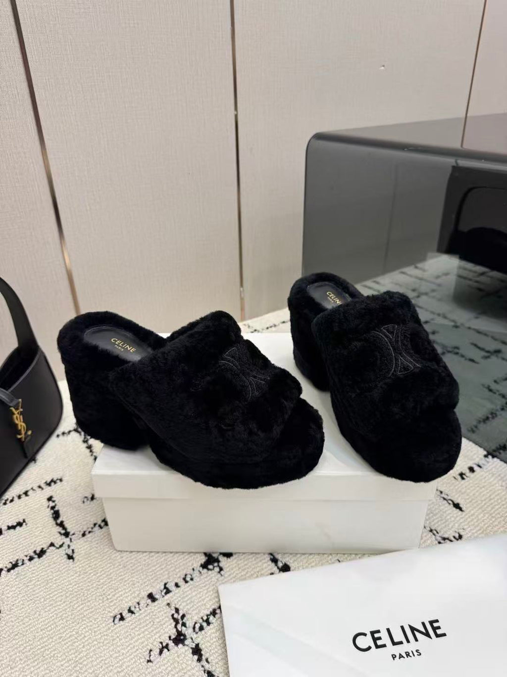 CELINE Grand Triomphe Waterproof Platform High Heels with Fur Trim — Black