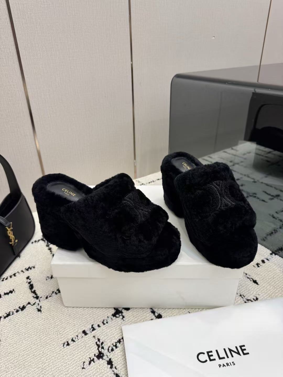 CELINE Grand Triomphe Waterproof Platform High Heels with Fur Trim — Black