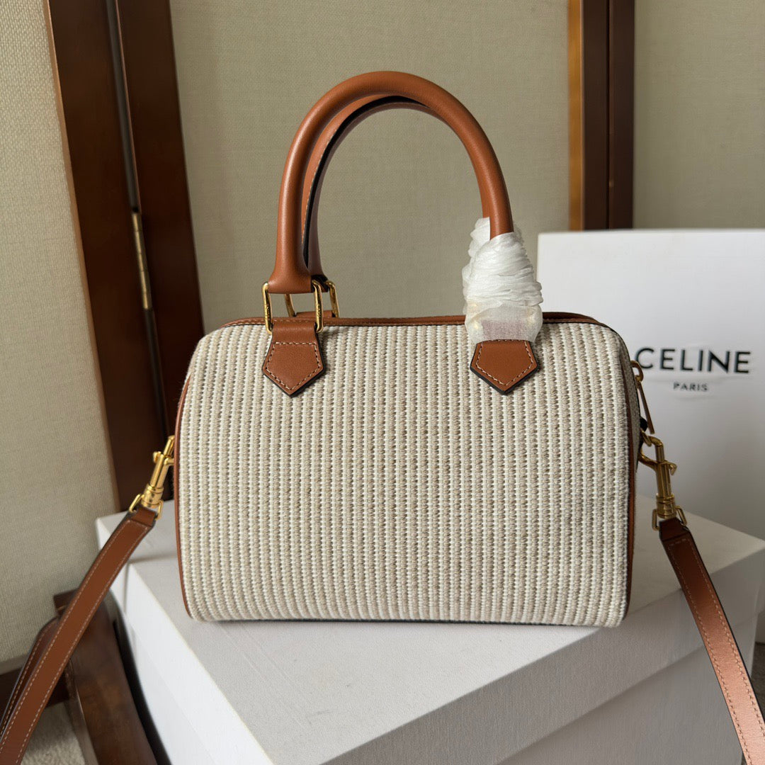CELINE Small Triomphe Boston Bag in Brown Striped Textile