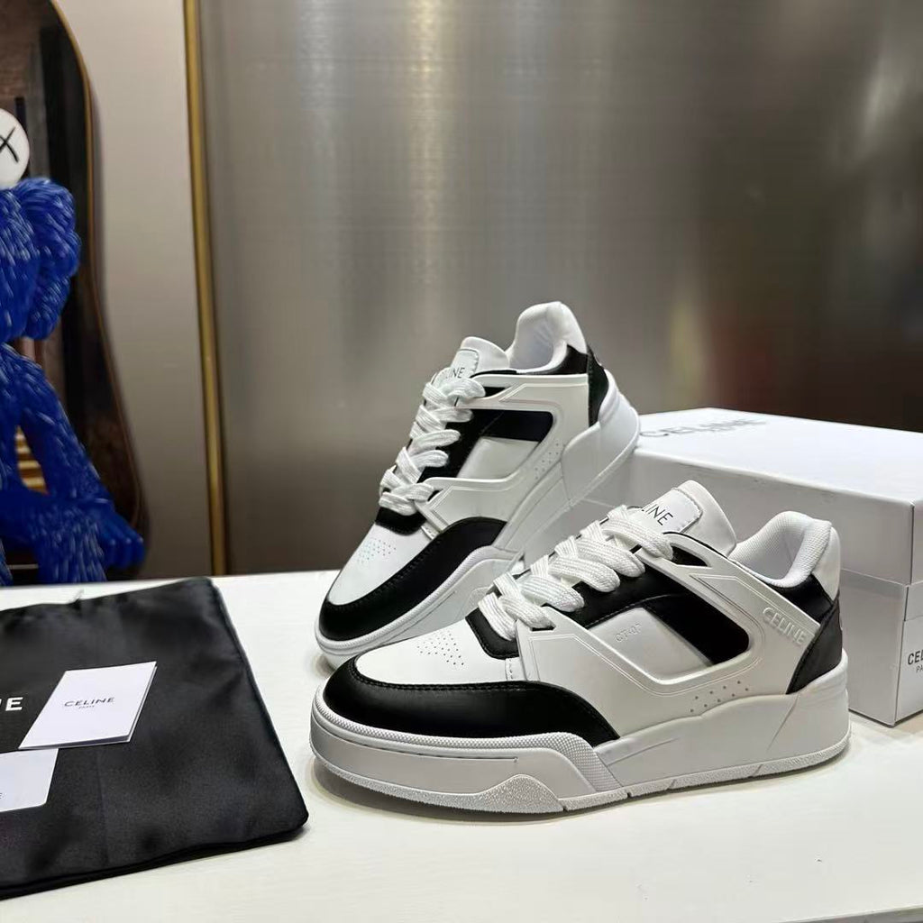 CELINE Leather Lace-Up Low-Top Sneakers — Men's White & Black