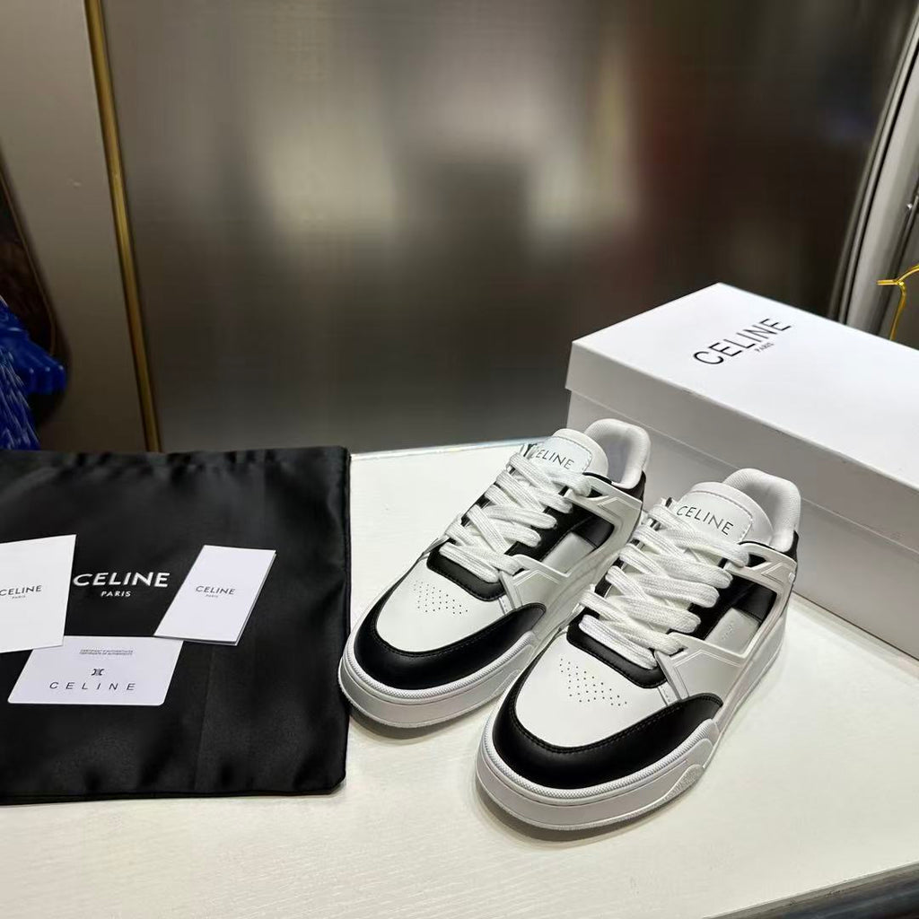 CELINE Leather Lace-Up Low-Top Sneakers — Men's White & Black