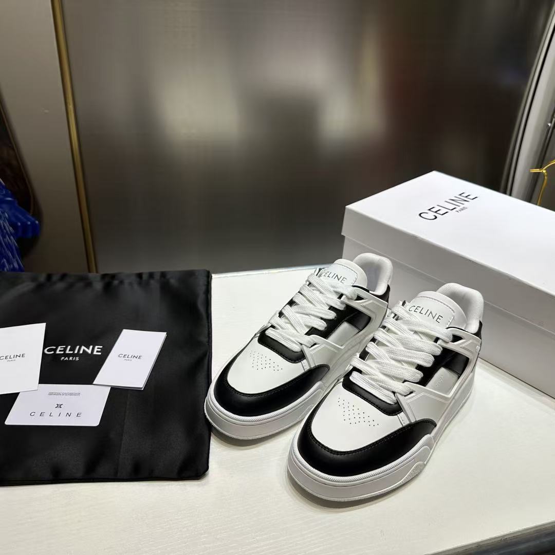 CELINE Leather Lace-Up Low-Top Sneakers — Men's White & Black