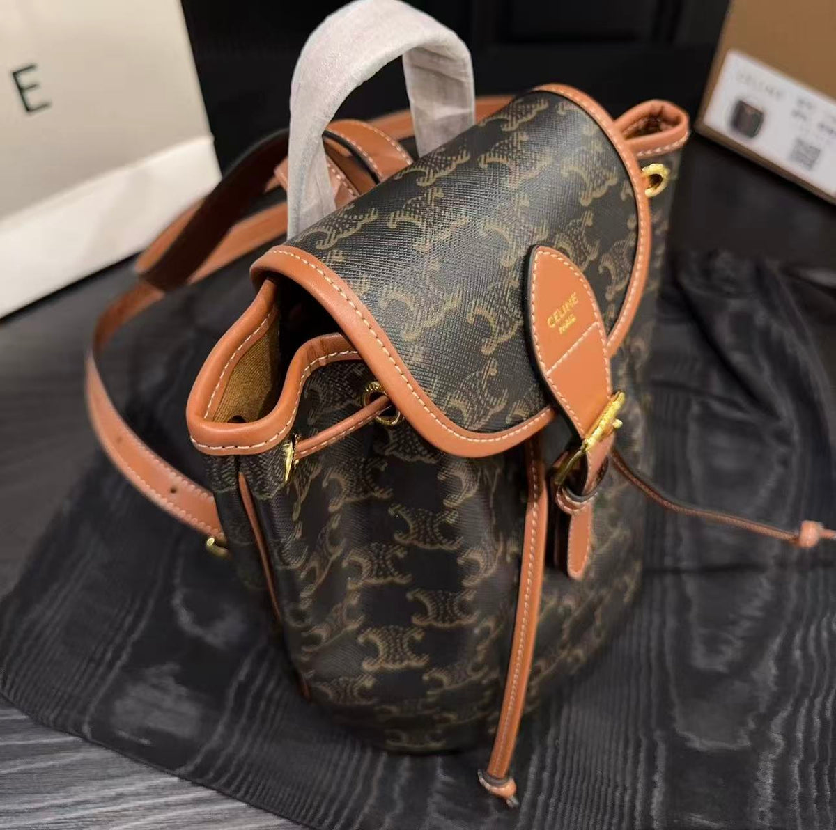 CELINE Folco Logo-Print Flap Bag in Brown