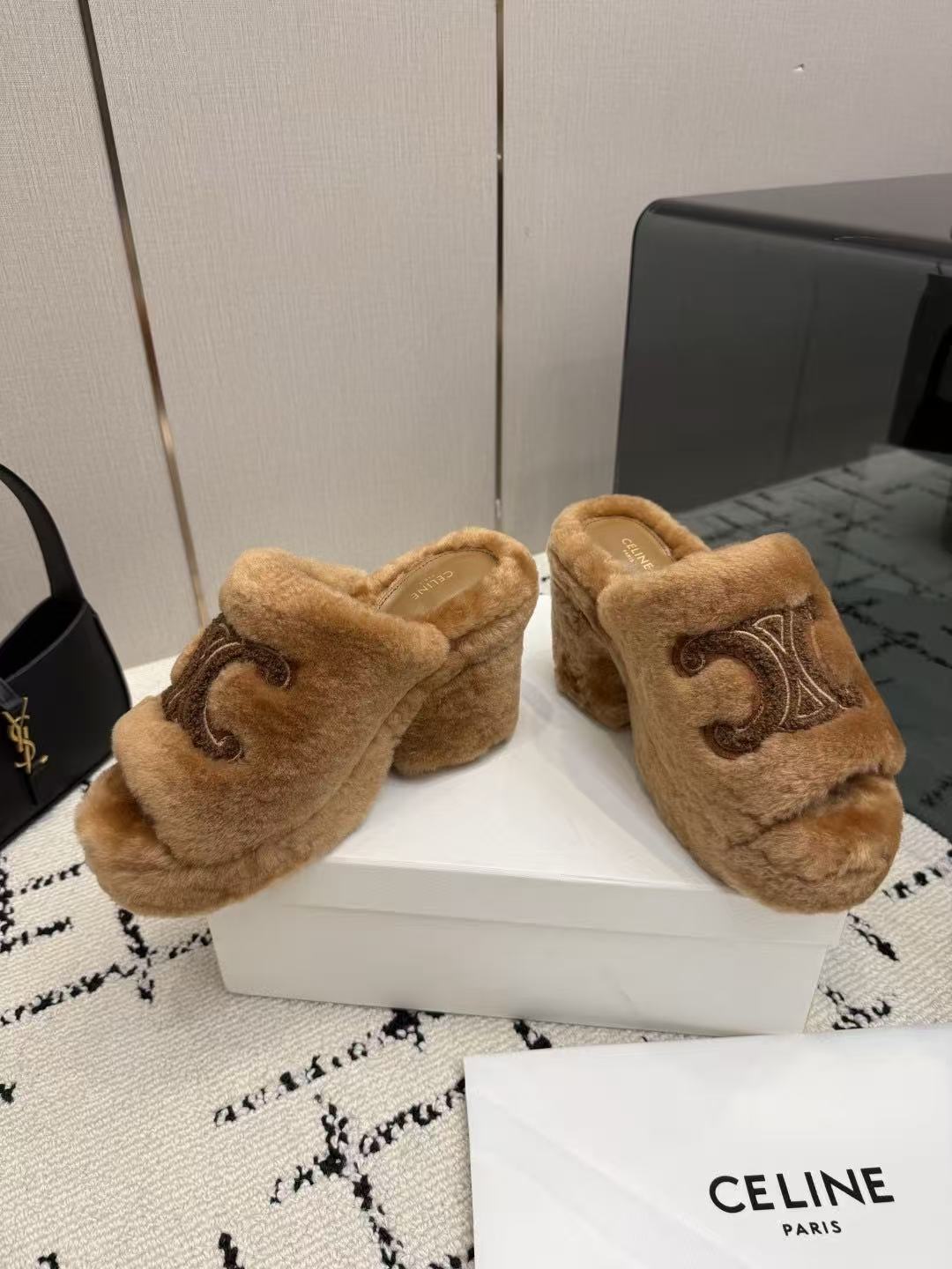 CELINE Grand Triomphe Waterproof Platform High Heels with Fur Trim — Brown