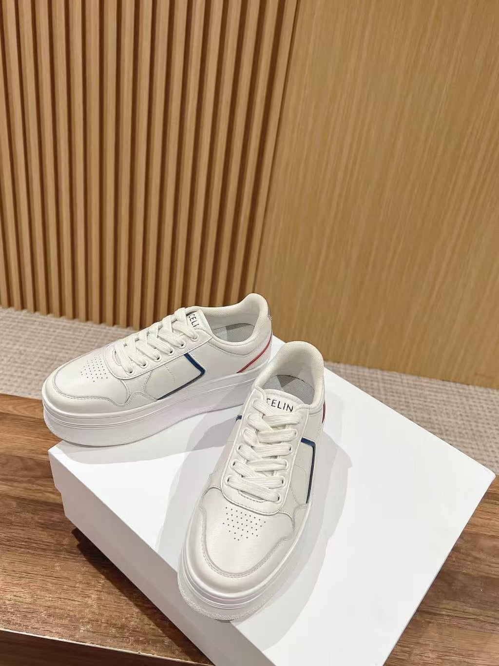 CELINE CT-10 Sneakers — White with Red & Blue Stripe