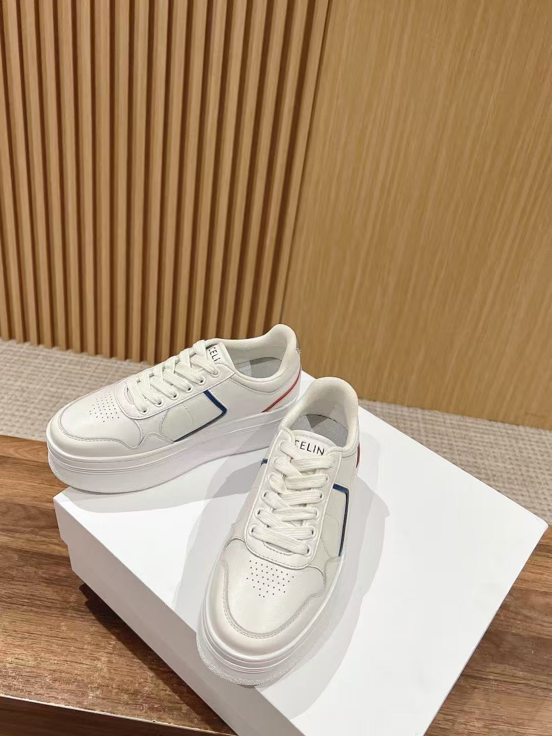 CELINE CT-10 Sneakers — White with Red & Blue Stripe