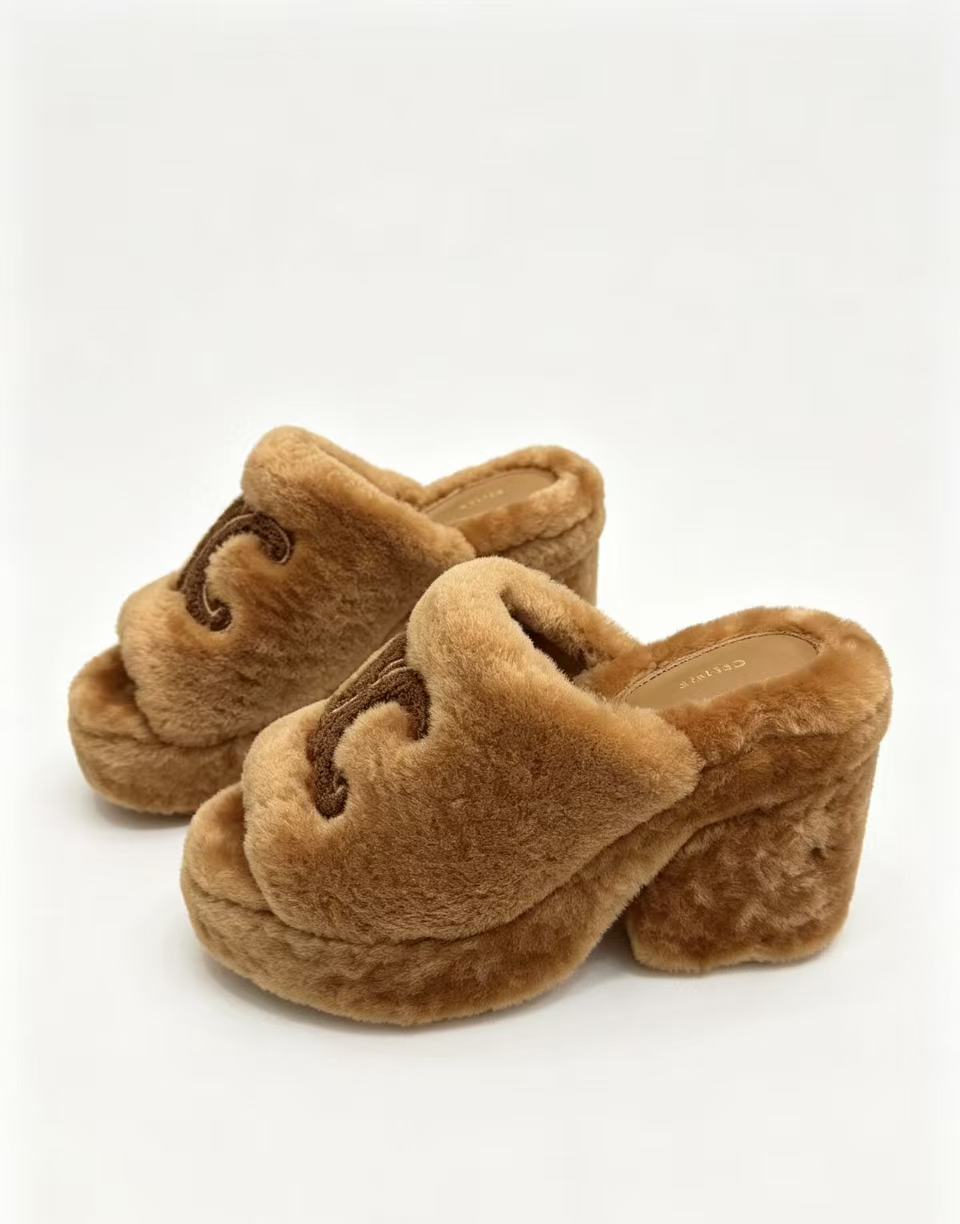 CELINE Grand Triomphe Waterproof Platform High Heels with Fur Trim — Brown