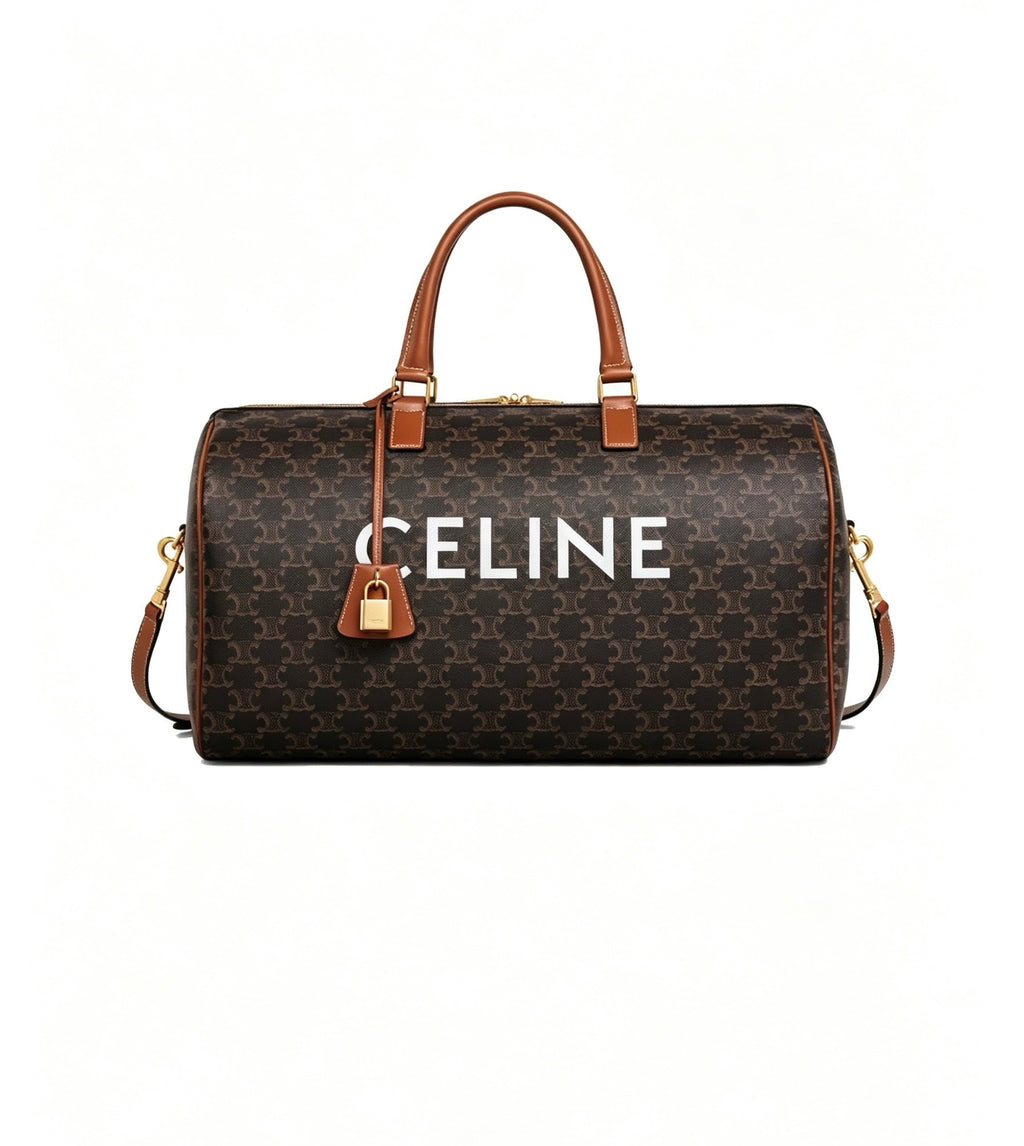 CELINE Triomphe Printed Fabric & Leather Travel Bag in Brown