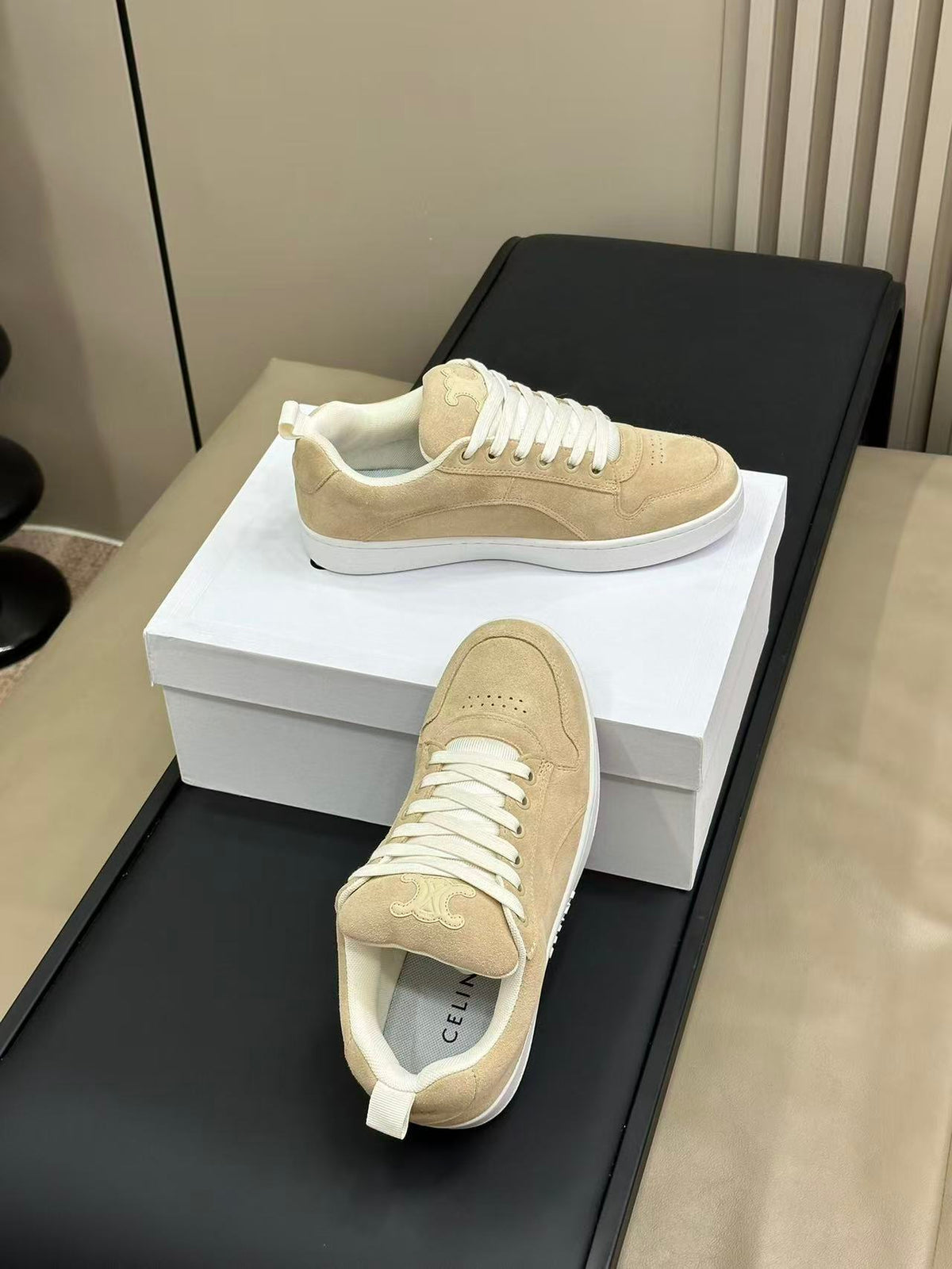 Celine Triomphe Vintage-Style Low-Top Sneakers — Light Brown