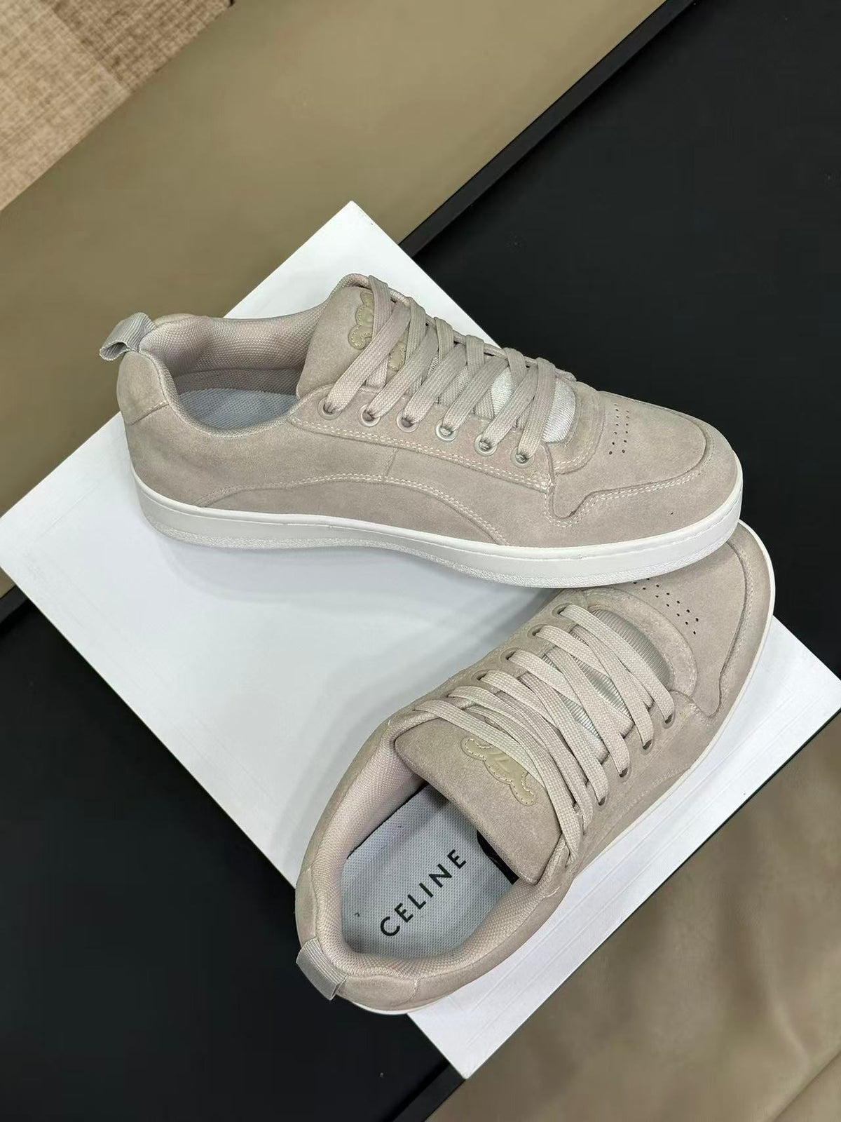 Celine Triomphe Vintage-Style Low-Top Sneakers — Ecru