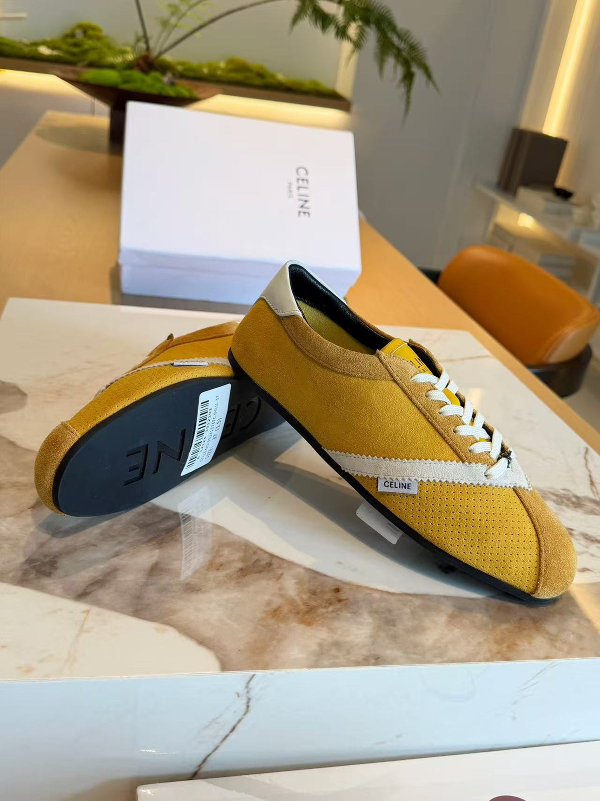 CELINE THE FLAT Women's Suede Calfskin Lace-Up Low-Top Casual Shoes | Yellow & White | EU 35-41